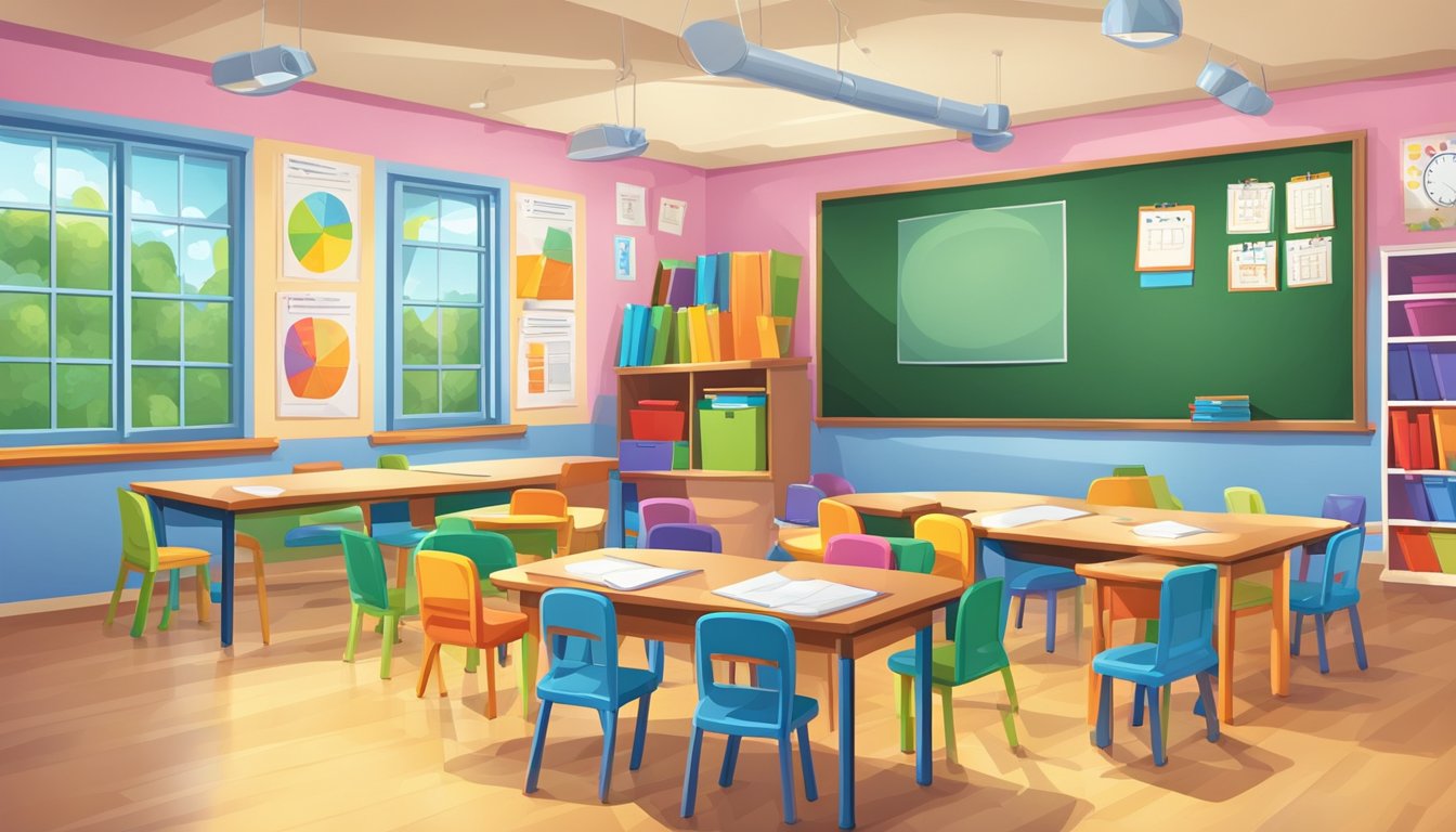 Brightly colored classroom with educational posters and books. Tables and chairs neatly arranged. A whiteboard at the front with math problems