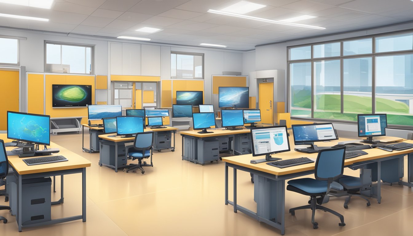 A classroom filled with advanced technology and engineering equipment, with Kenneth 18.4 software displayed on multiple screens, showcasing its impact on education