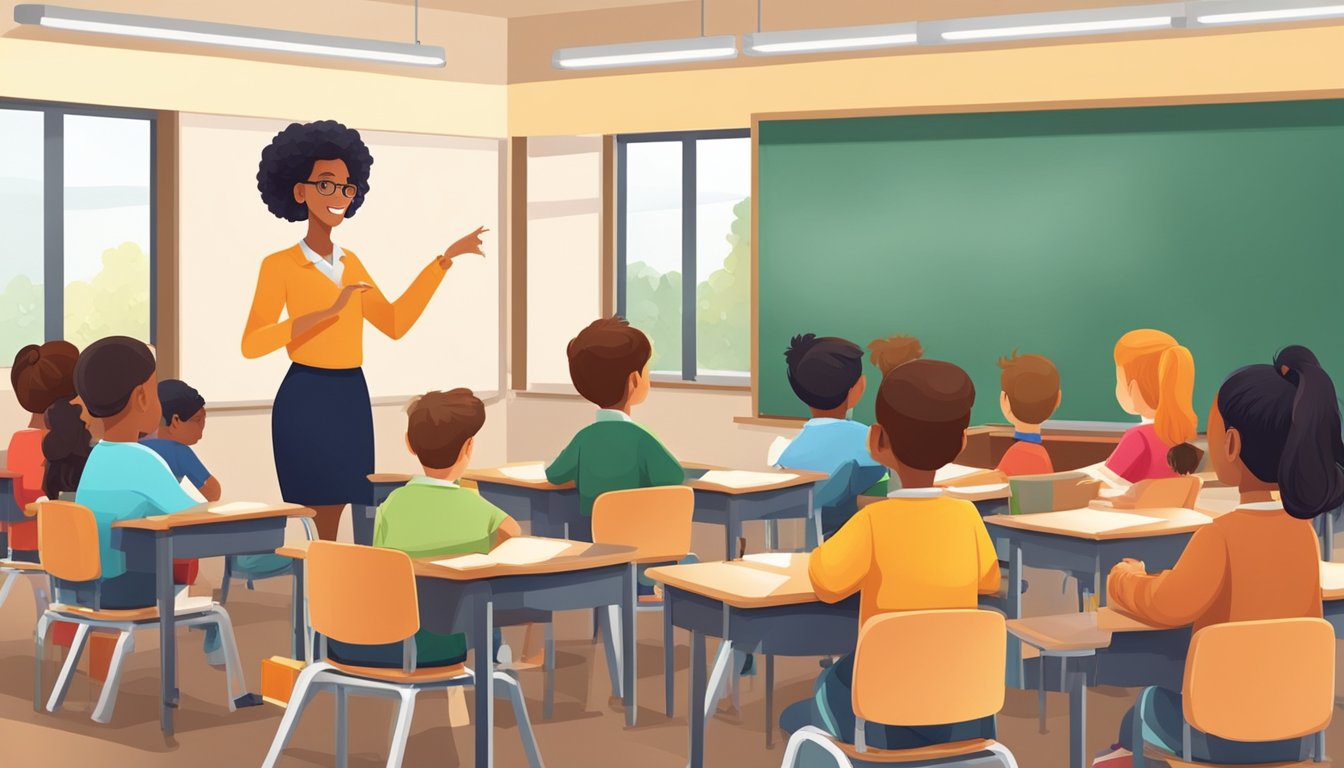 A teacher instructs a small group of students in a classroom with a whiteboard and desks