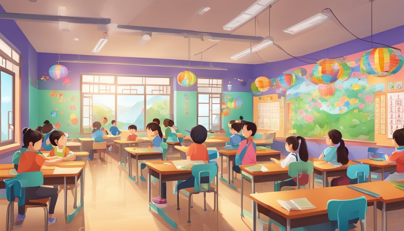 A colorful classroom with Chinese characters on the walls, students engaged in interactive learning activities, and a lively atmosphere