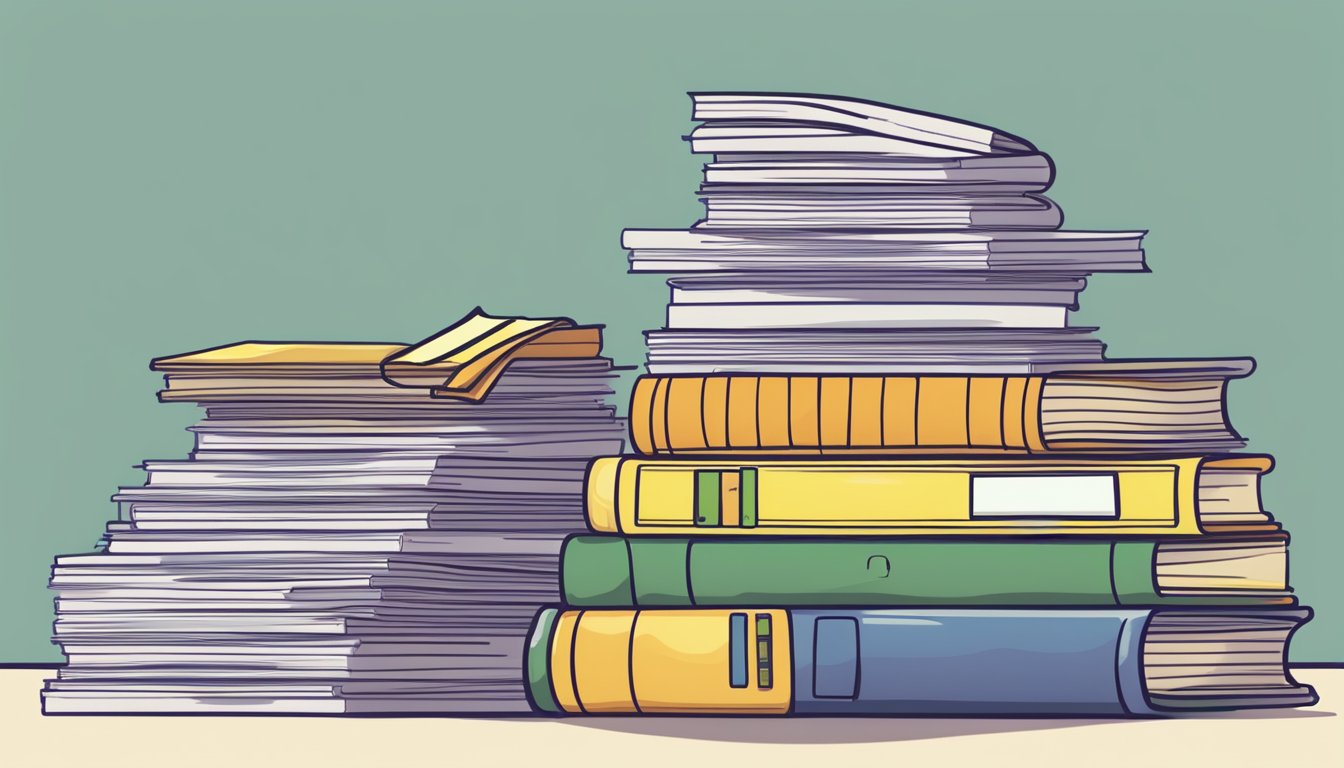 A stack of bills labeled "tuition" with a calculator and textbooks nearby