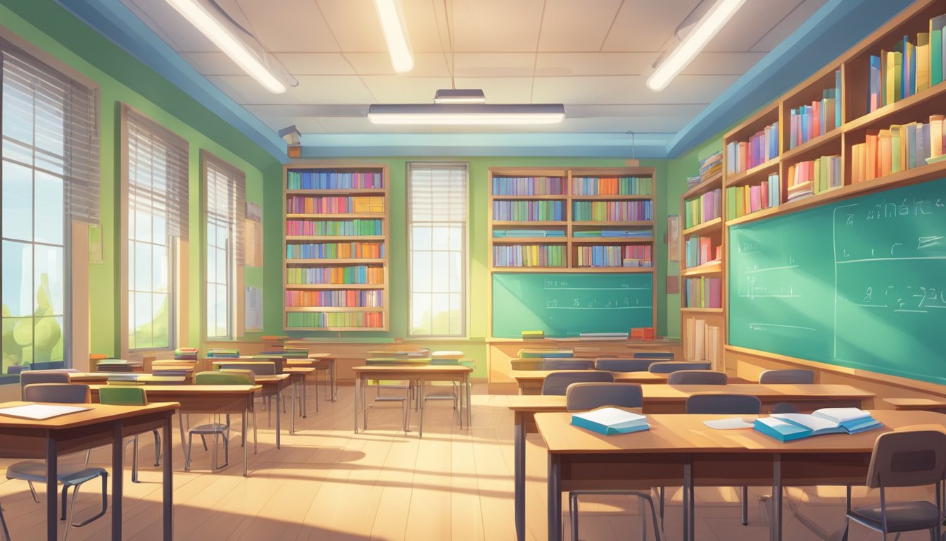 A brightly lit classroom with rows of desks and a whiteboard at the front, surrounded by shelves of books and educational materials