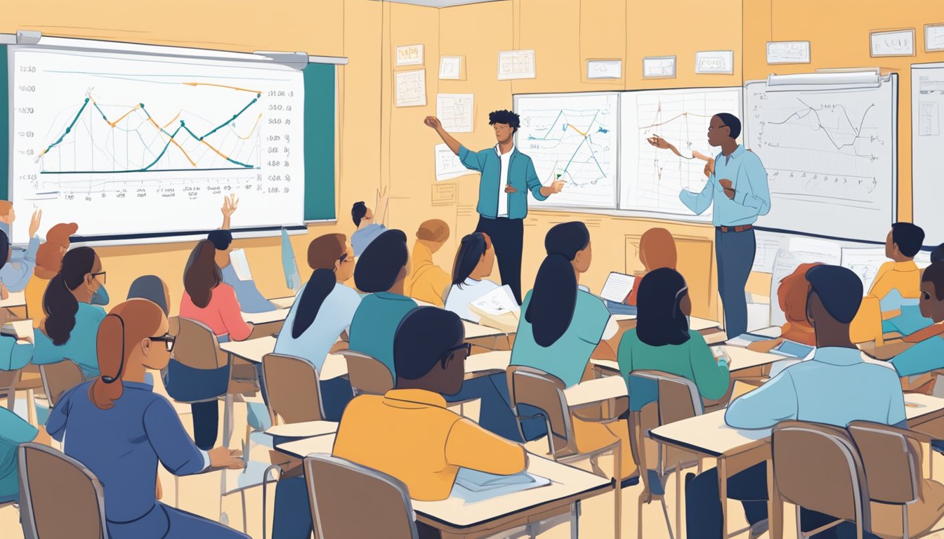 A classroom filled with eager students, a whiteboard covered in economic graphs and equations, a knowledgeable tutor leading a dynamic discussion on econs principles