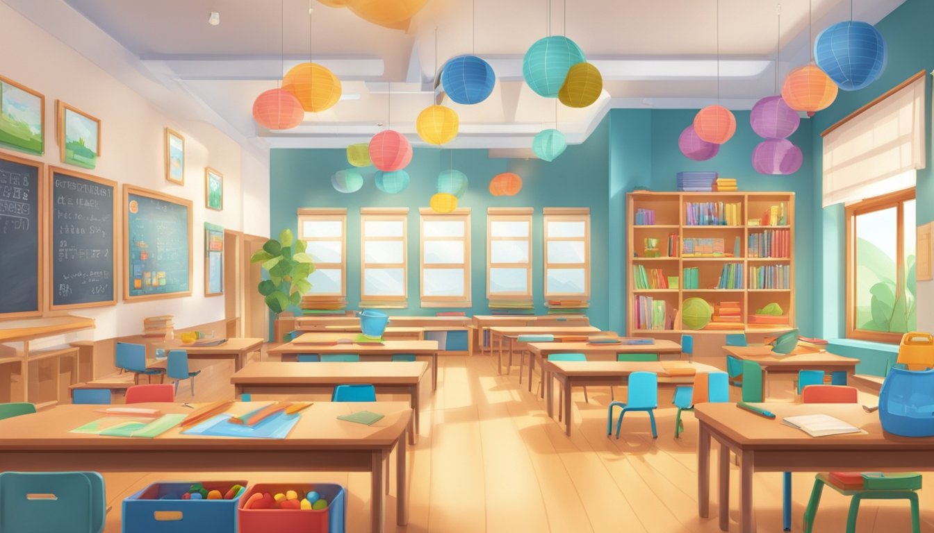 A colorful classroom with Chinese learning materials and interactive tools. Bright, inviting space with a positive and engaging atmosphere