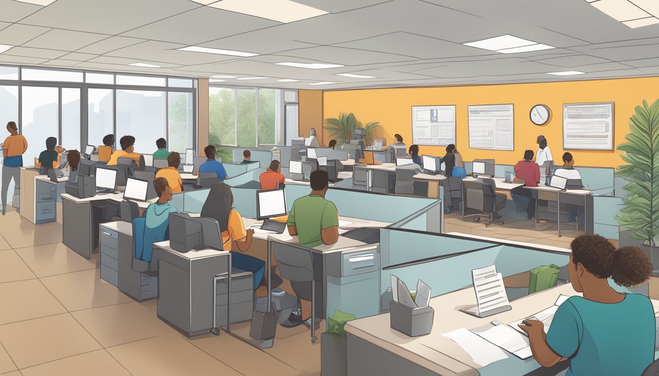Students applying for financial aid, filling out forms, and making payments at a college financial aid office