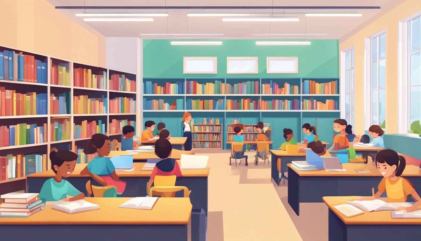 A bright, welcoming tuition centre with colorful walls and shelves of books. Students sit at desks, engaged in learning with tutors