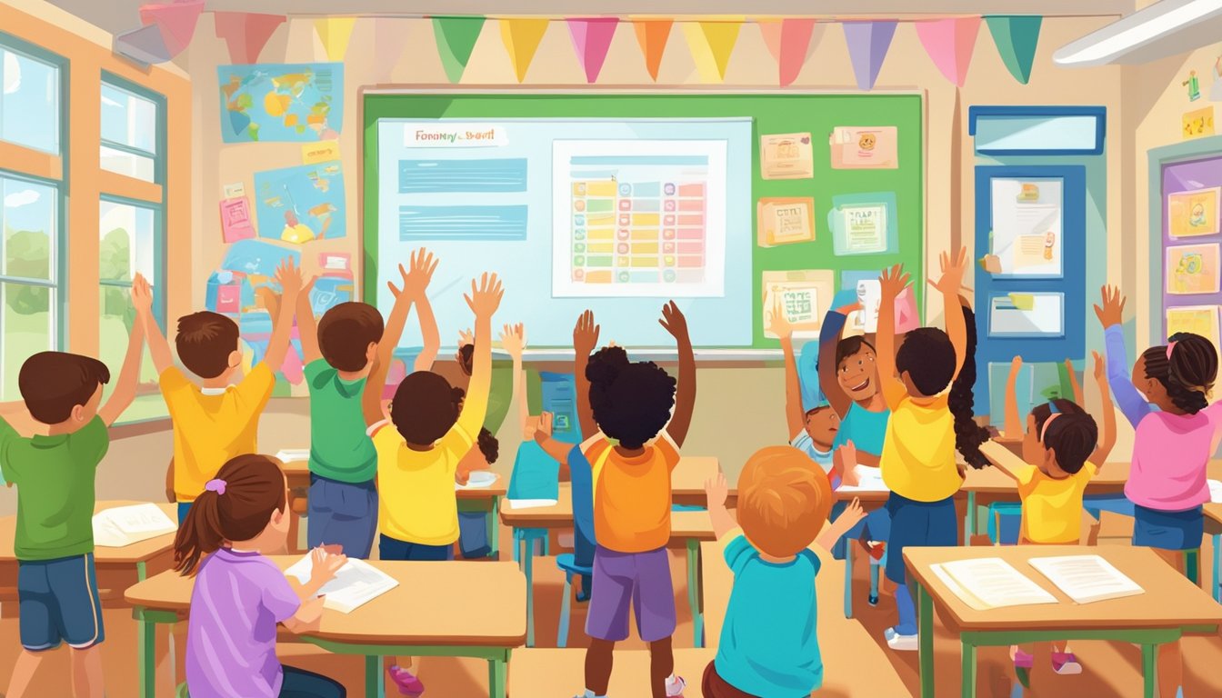 A group of children eagerly raising their hands in a bright and colorful classroom, with a sign reading "Frequently Asked Questions boston kidz tuition centre" displayed prominently on the wall