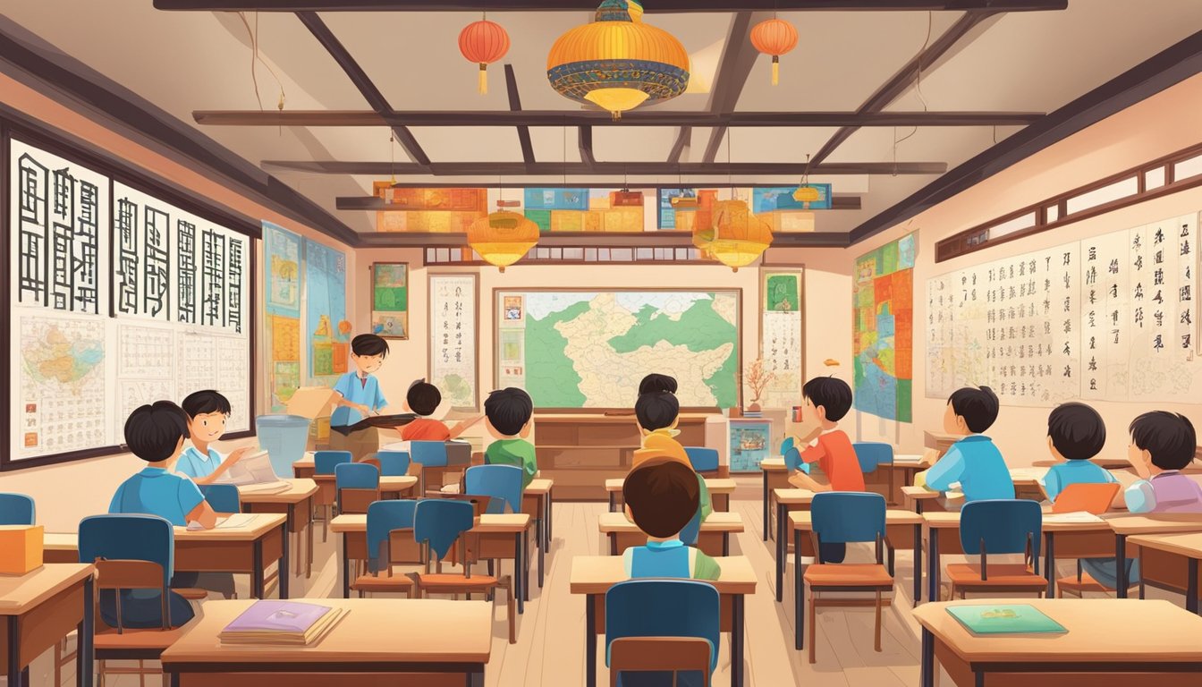 A colorful classroom with students eagerly learning Chinese characters and practicing calligraphy. The walls are adorned with educational posters and maps of China