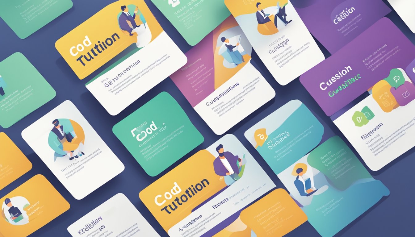 A stack of FAQ cards with "COD Tuition" printed on top, surrounded by question marks and a helpful customer service representative nearby