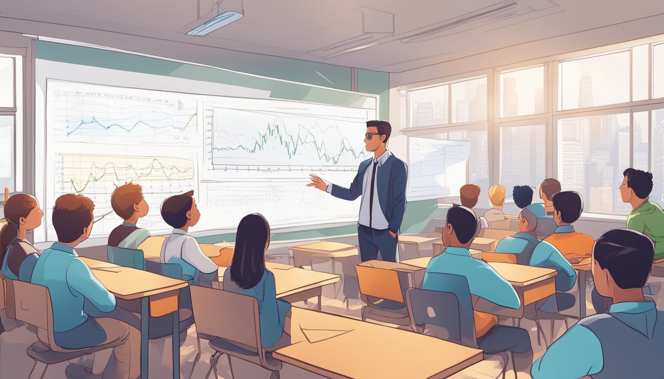 A classroom filled with eager students, whiteboards covered in complex economic equations, and a passionate tutor leading a comprehensive economics tuition programme