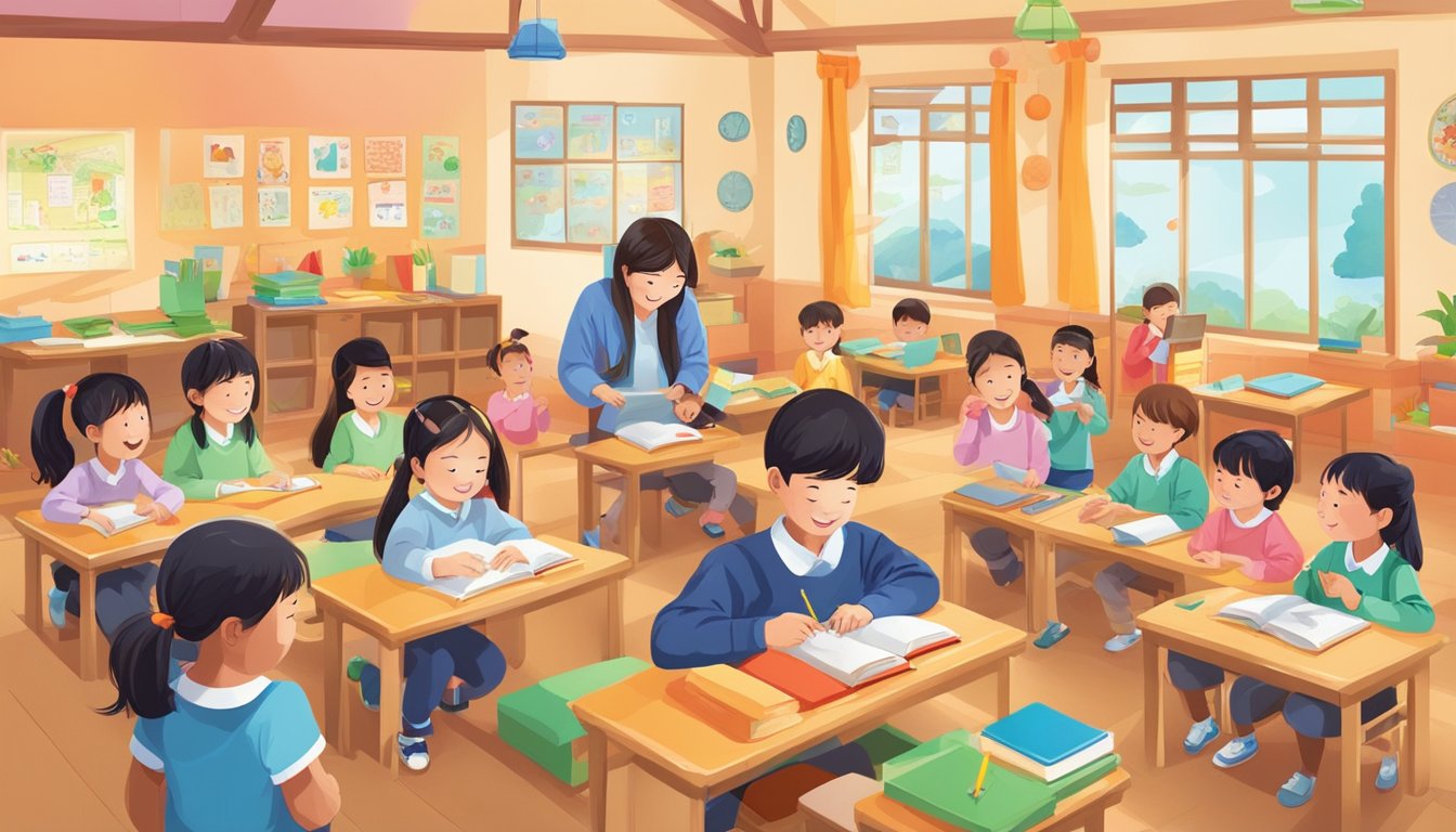 A colorful and lively classroom setting with Chinese learning materials and happy students engaging in interactive activities