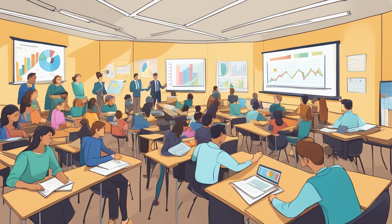 A classroom filled with eager students, surrounded by charts and graphs, engaged in lively discussions about economic theories and concepts