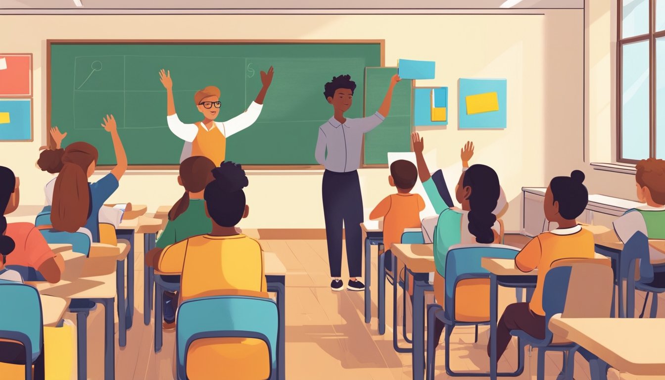 A group of students eagerly raise their hands in a bright, organized classroom setting, while a teacher stands at the front, ready to answer their questions