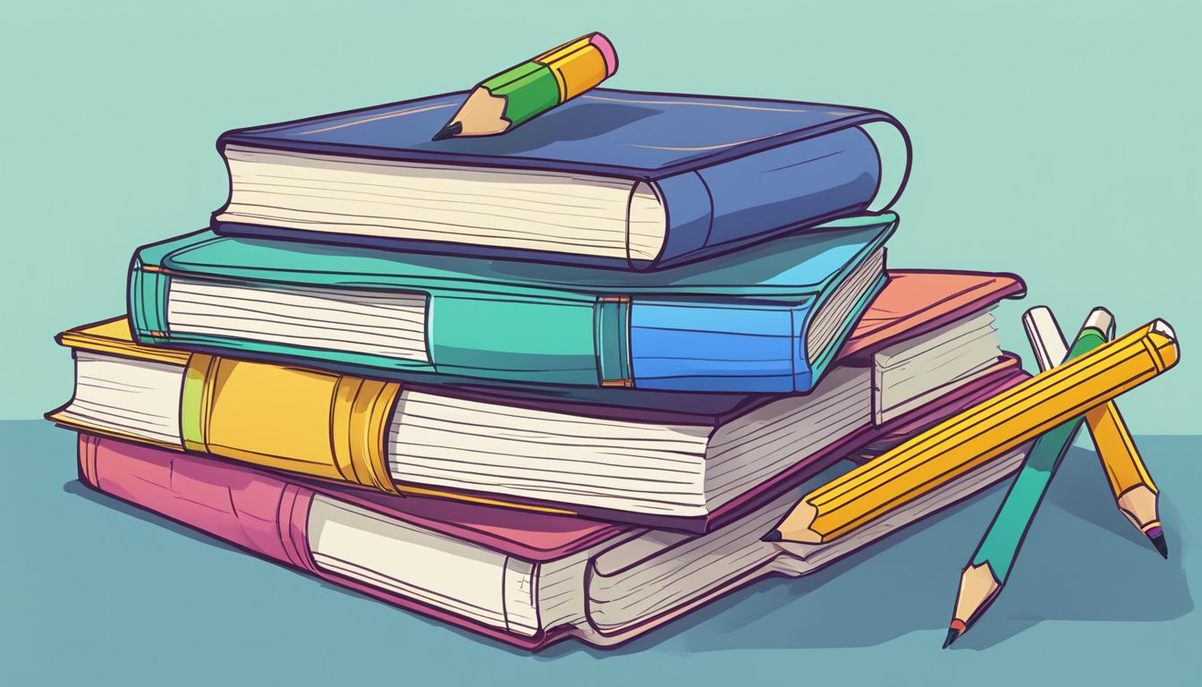 A stack of books with "Frequently Asked Questions" on top, surrounded by pencils and notes