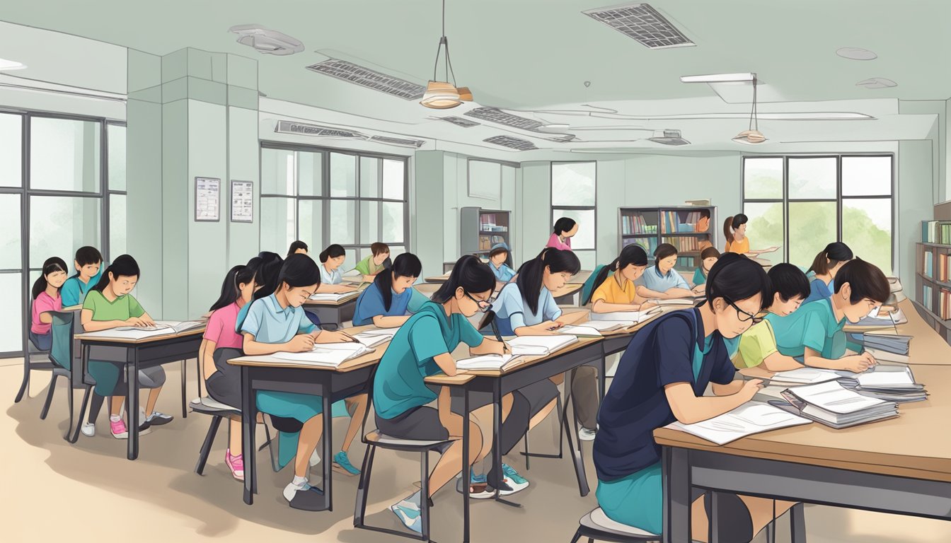 A bustling tuition center in Kovan, with students engrossed in learning, and tutors providing guidance and support