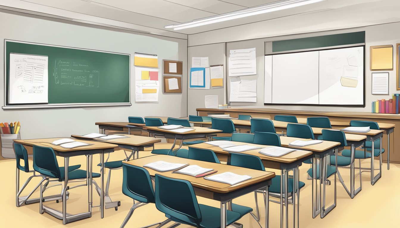 A classroom with open textbooks, a whiteboard, and students