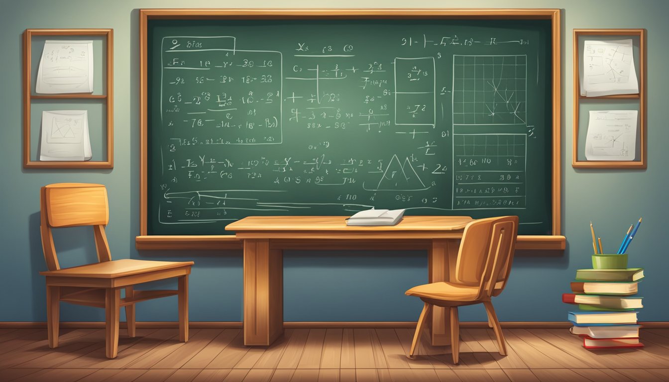 A chalkboard with math equations, a desk with textbooks, and a tutor