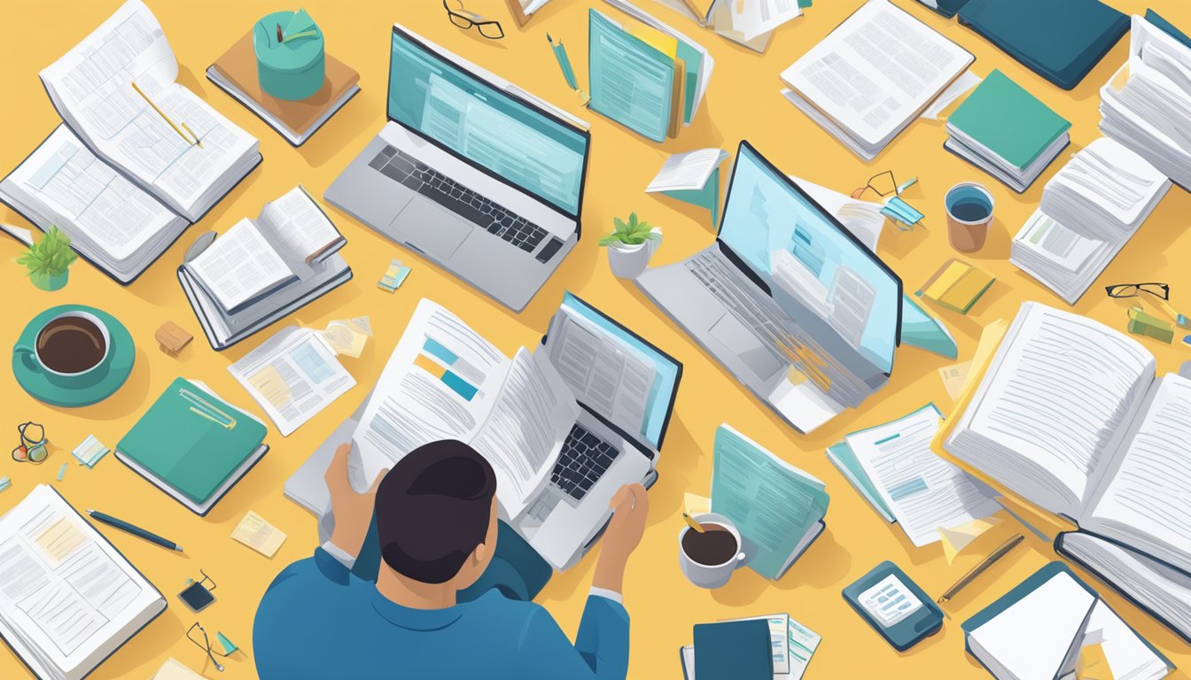 A person studying CIMA qualifications surrounded by open textbooks, a laptop, and notes