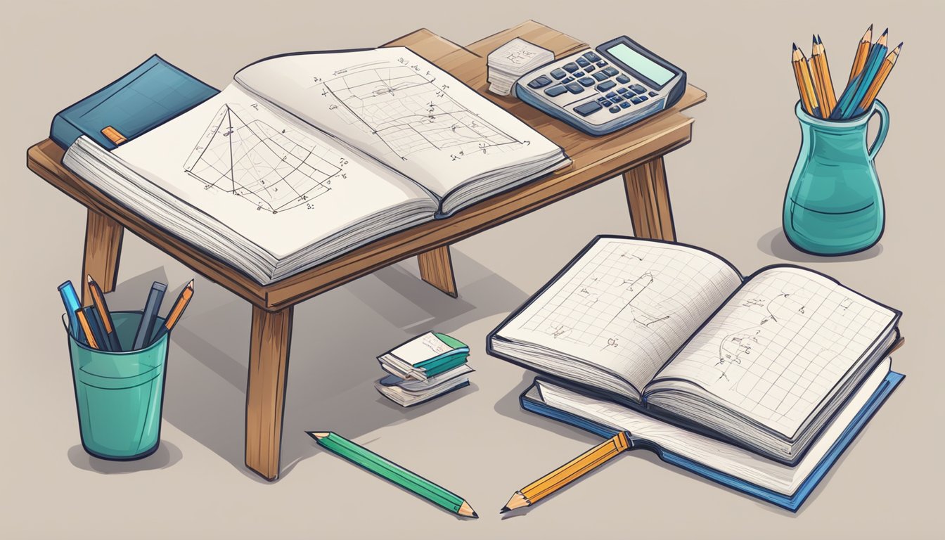 A table with a stack of math textbooks, a notebook, and a pencil. A whiteboard with math equations and diagrams. A tutor explaining concepts to a student