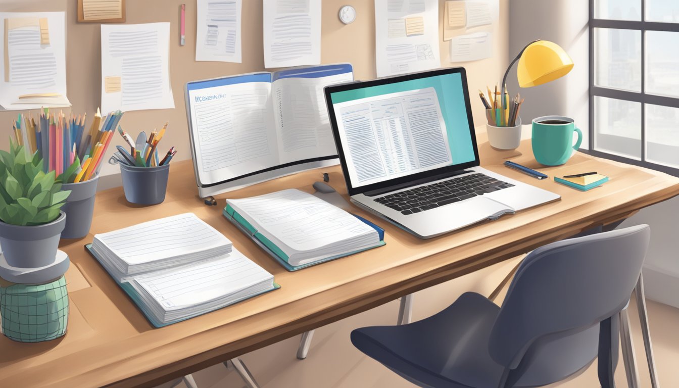 A desk with open textbooks, a laptop, and study notes. A supportive environment with resources for CIMA exam preparation