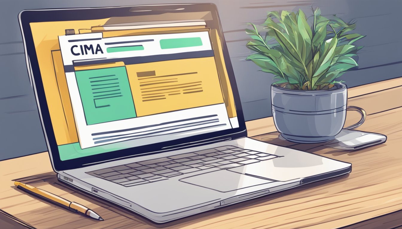 A laptop with a webpage open to "Frequently Asked Questions" on CIMA tuition