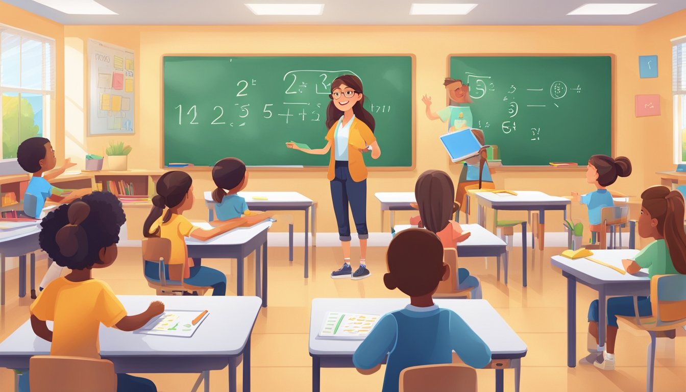 A bright classroom with colorful math posters, interactive whiteboard, and small group tables. A teacher enthusiastically explains a math concept while students engage in hands-on activities