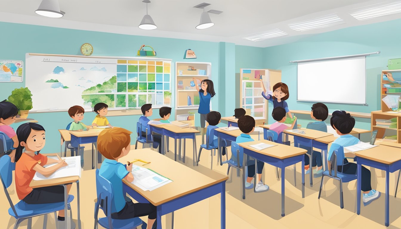 A bright, modern classroom at Einstein Tuition in Kovan, with students engaged in interactive learning activities and a knowledgeable tutor leading the session