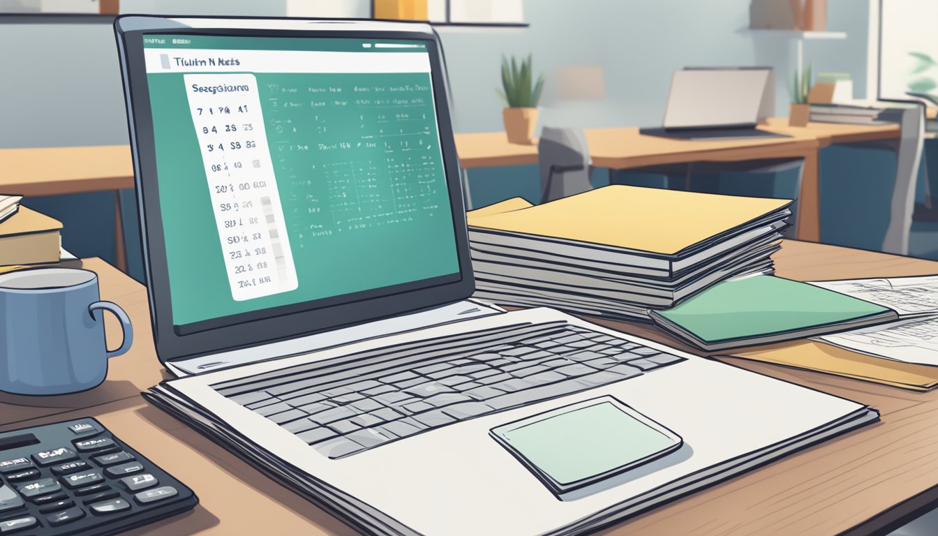 A stack of math books and a calculator sit on a desk, with a list of frequently asked questions about section 1 maths tuition rates displayed on a computer screen