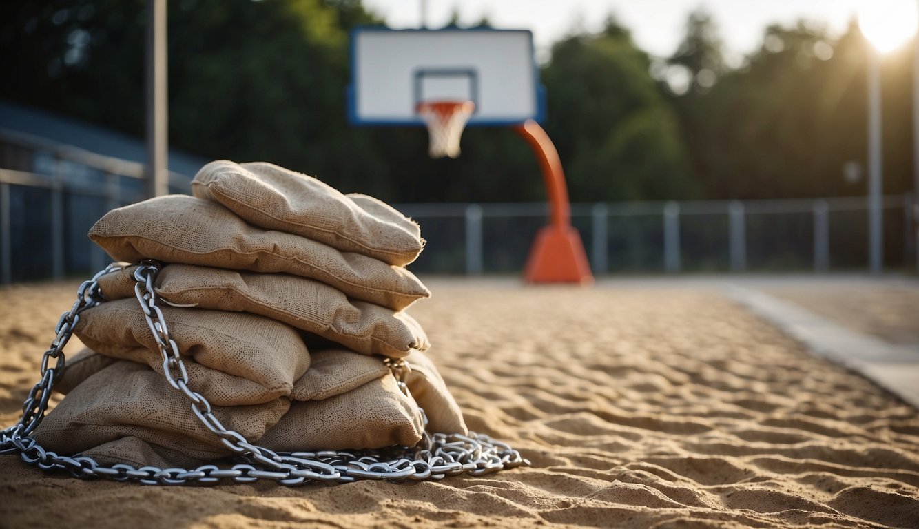 A pile of sandbags and heavy-duty chains lie next to a basketball hoop, ready to be used to weigh it down