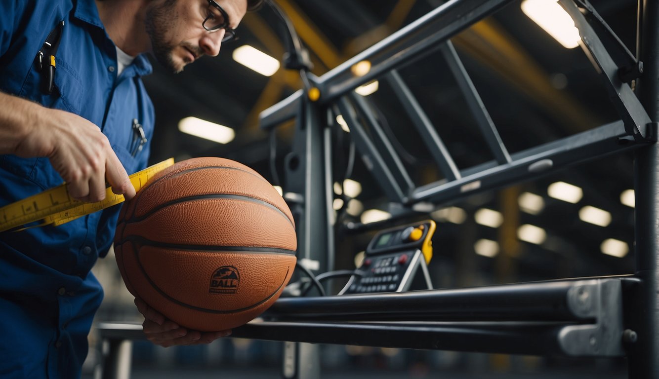 An engineer performs safety checks on a basketball hoop, using a scale to measure the weight of added ballast