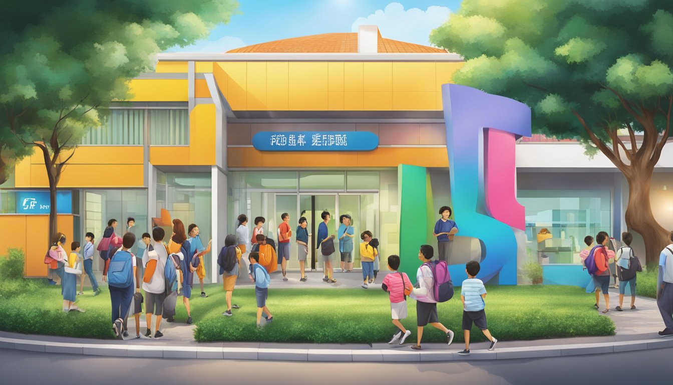 A colorful FAQ sign hangs outside Einstein Tuition in Kovan, surrounded by eager students and parents