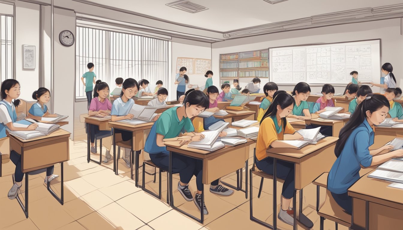 A bustling Chinese tuition center in Toa Payoh, with students studying diligently and teachers guiding them. Books, desks, and a whiteboard fill the room