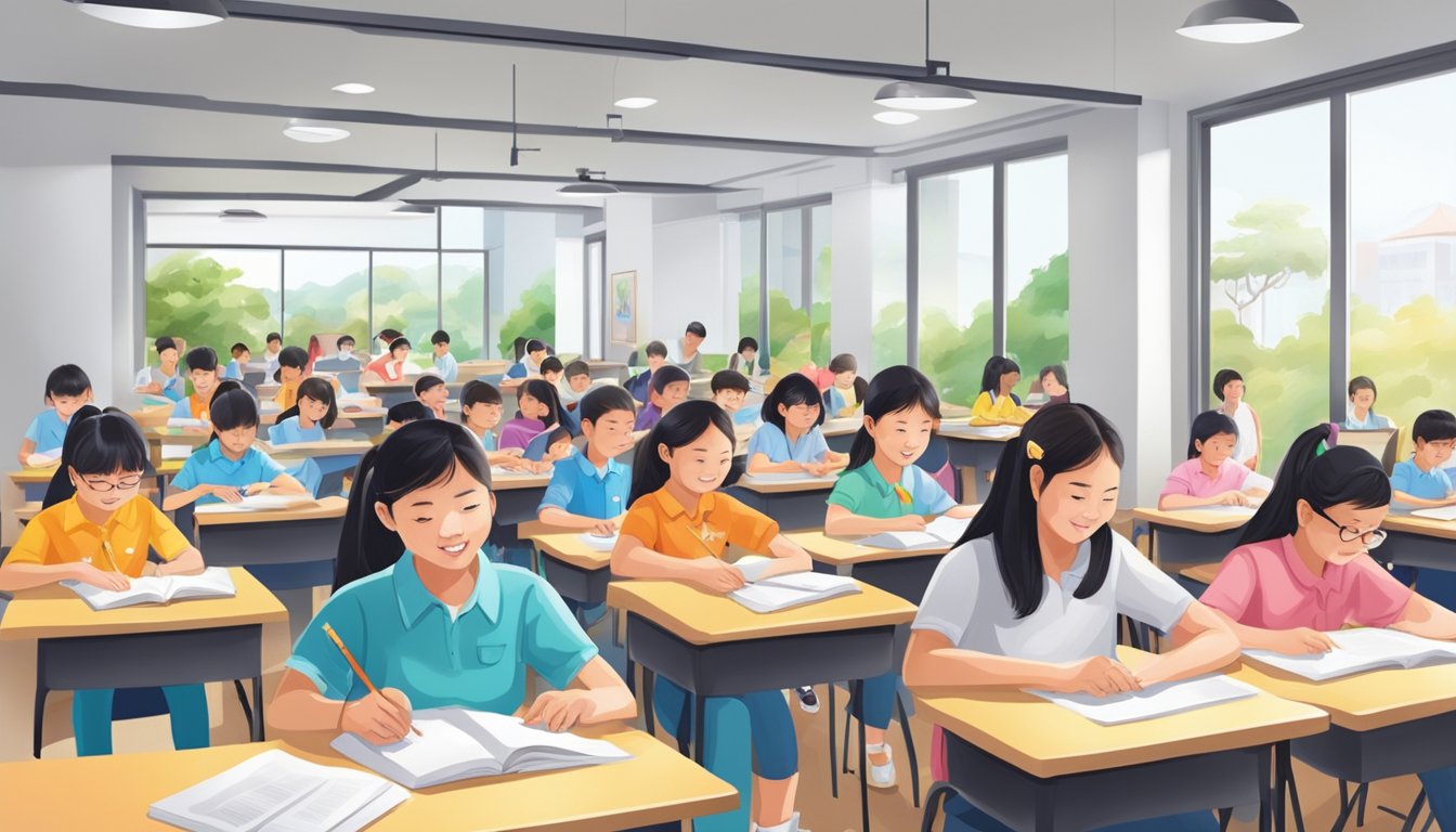 A bustling Chinese tuition center in Toa Payoh, filled with students studying diligently in a bright and spacious classroom