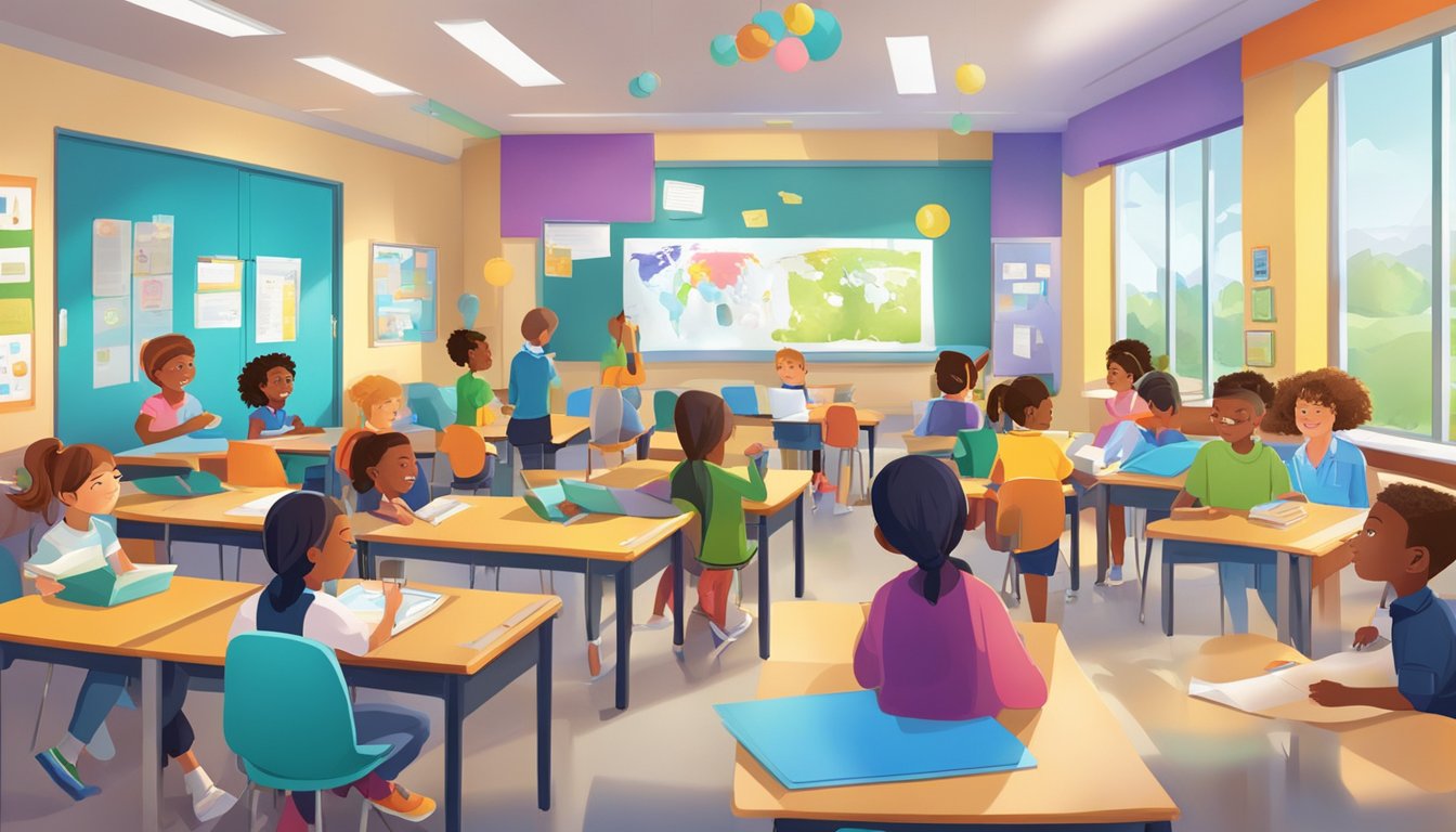 Students engaged in interactive learning activities, surrounded by educational materials and technology, with a backdrop of a vibrant and welcoming classroom environment