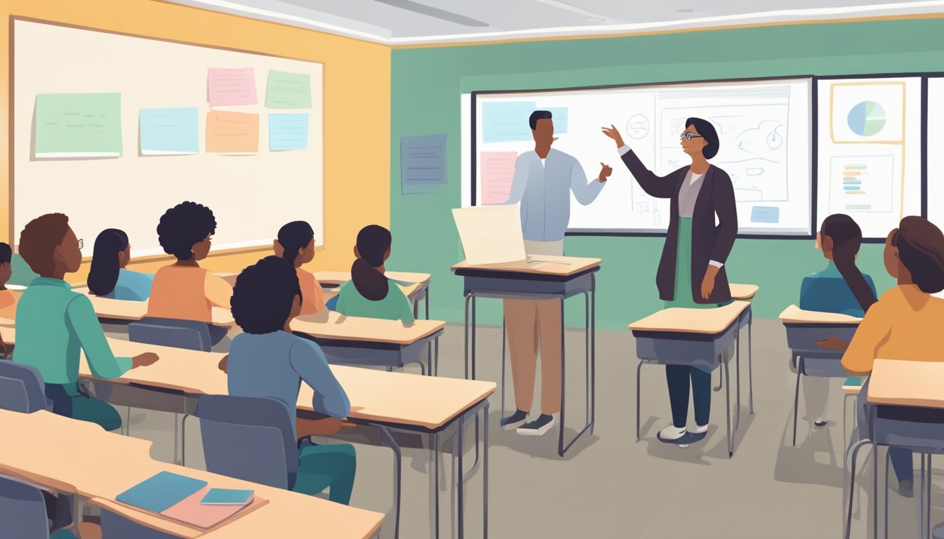 A classroom setting with a teacher answering questions, students listening attentively, and a FAQ board in the background