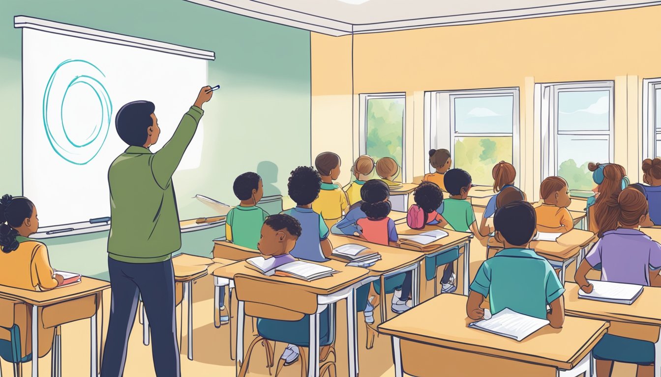 A teacher stands at the front of a classroom, writing on a whiteboard with colorful markers while students sit at desks, listening attentively