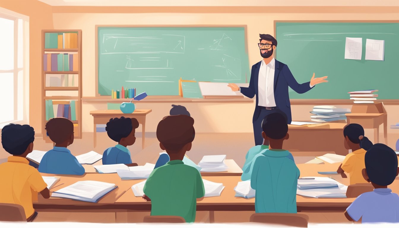 A teacher stands in front of a whiteboard, surrounded by eager students. Books and papers are scattered on the desk, and the room is filled with the sound of learning