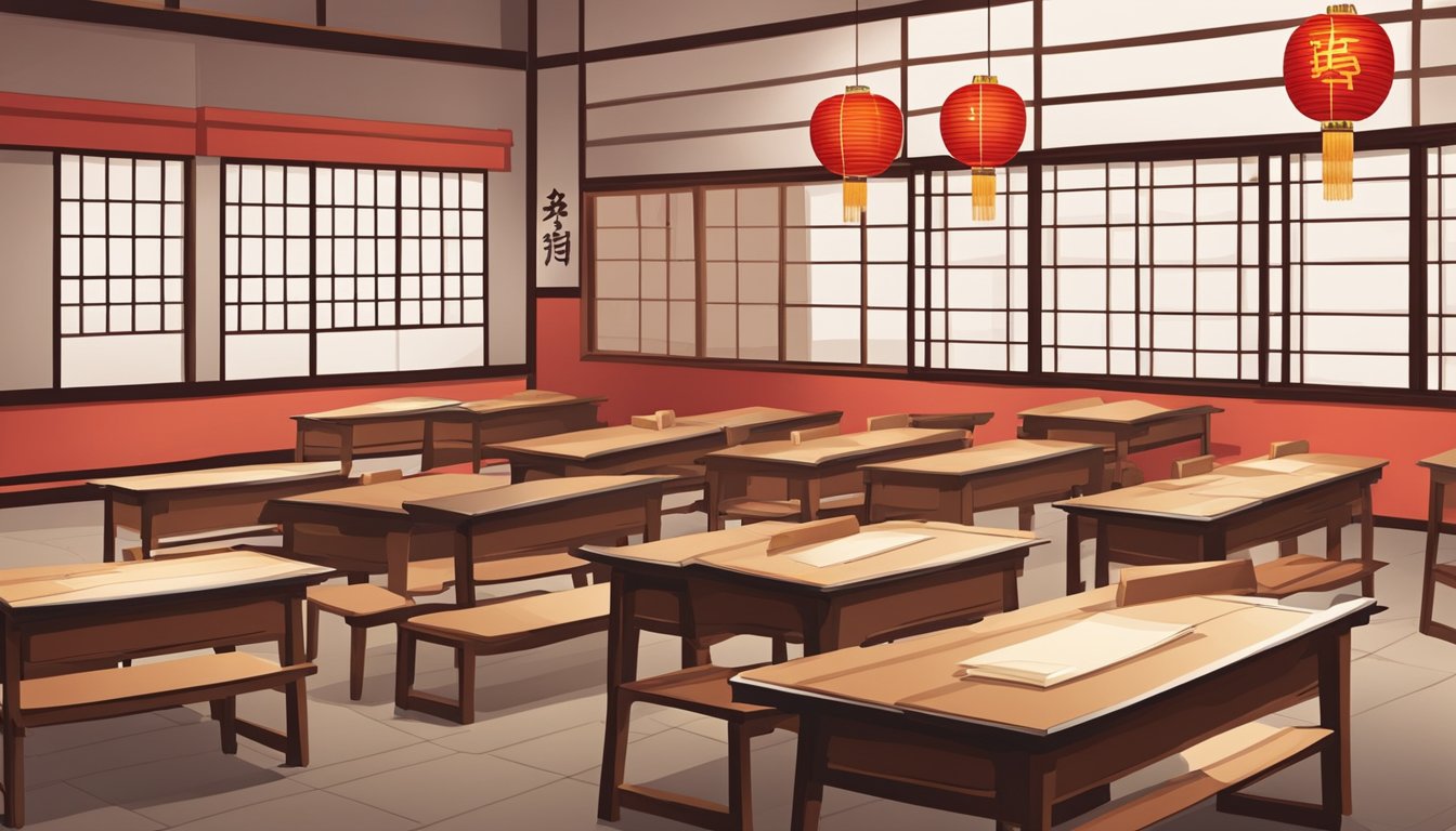 A small classroom with a traditional Chinese calligraphy set, red lanterns, and a chalkboard with Mandarin characters