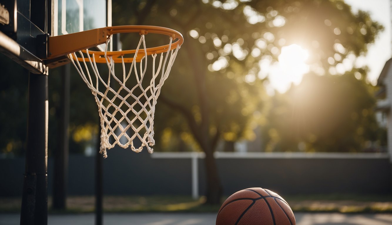 Basketball hoop propped up with sandbags, weights, or heavy objects. Troubleshooting guide nearby. FAQs printed on a sign. Clear and simple visuals