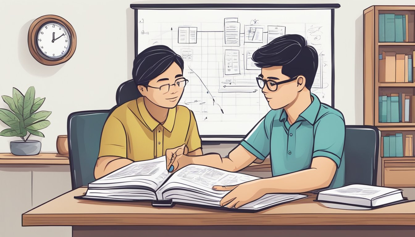 A student and tutor discussing physics concepts at a home in Singapore. Books, notes, and a whiteboard are present
