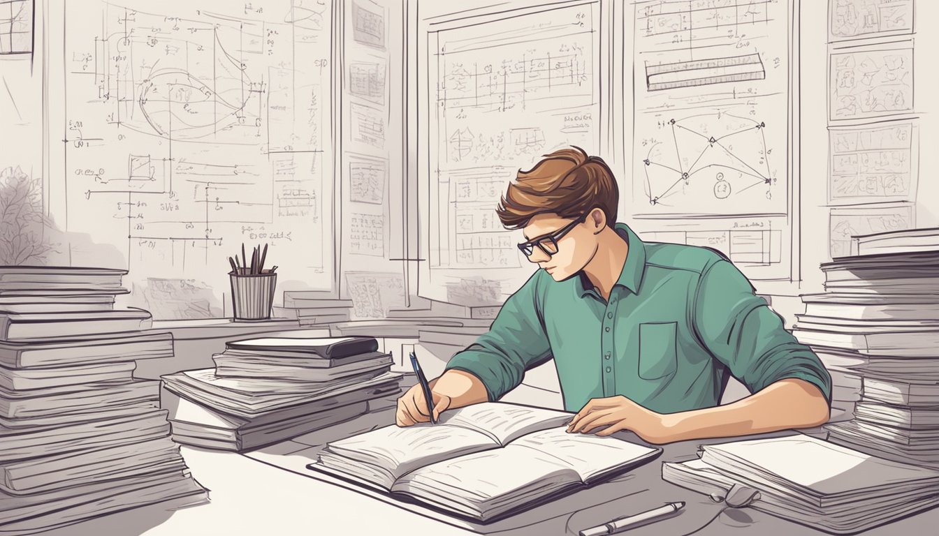 A student sits at a desk, surrounded by textbooks and notes. A whiteboard displays equations and diagrams. A tutor gestures enthusiastically, explaining concepts