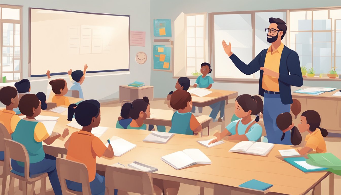 A teacher leads a dynamic lesson at a tuition centre, engaging students with interactive activities and lively discussions