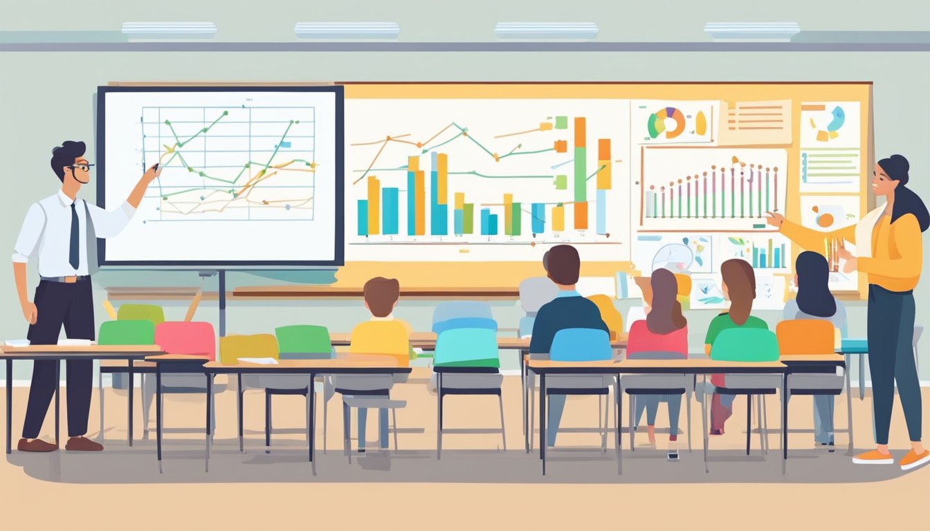 A tutor explaining statistics concepts on a whiteboard in a bright, organized classroom