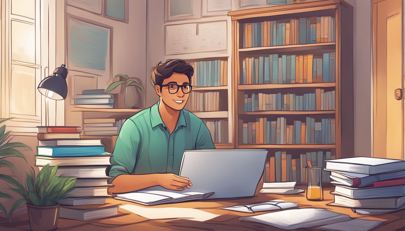 A physics tutor answering questions in a cozy home setting, with textbooks and a whiteboard in the background