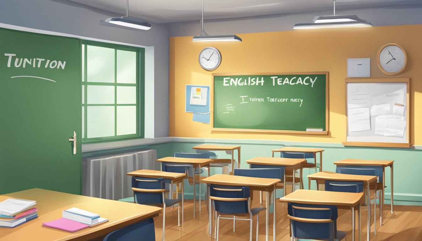 An empty classroom with a "English Tuition Teacher Vacancy" sign on the door