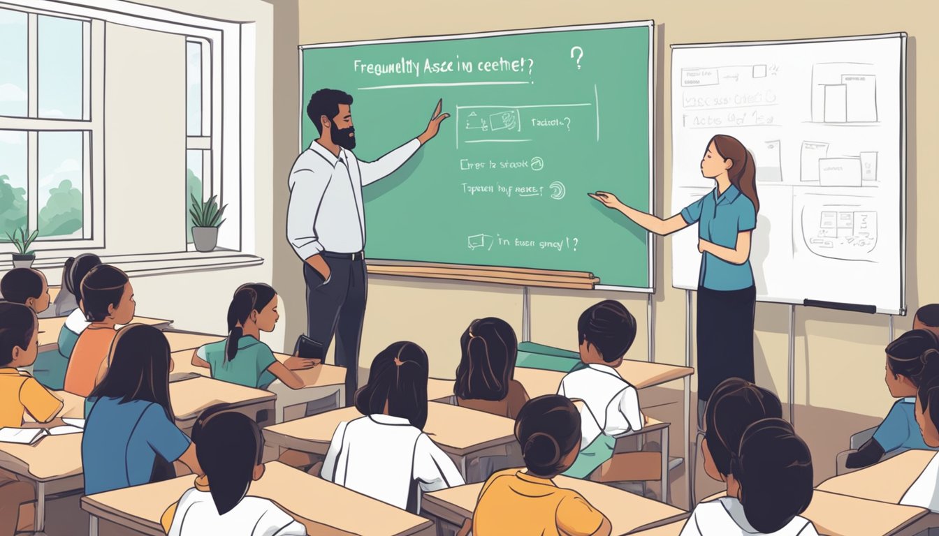 A teacher stands in front of a whiteboard, surrounded by students. A sign reads "Frequently Asked Questions tuition centre" above the teacher