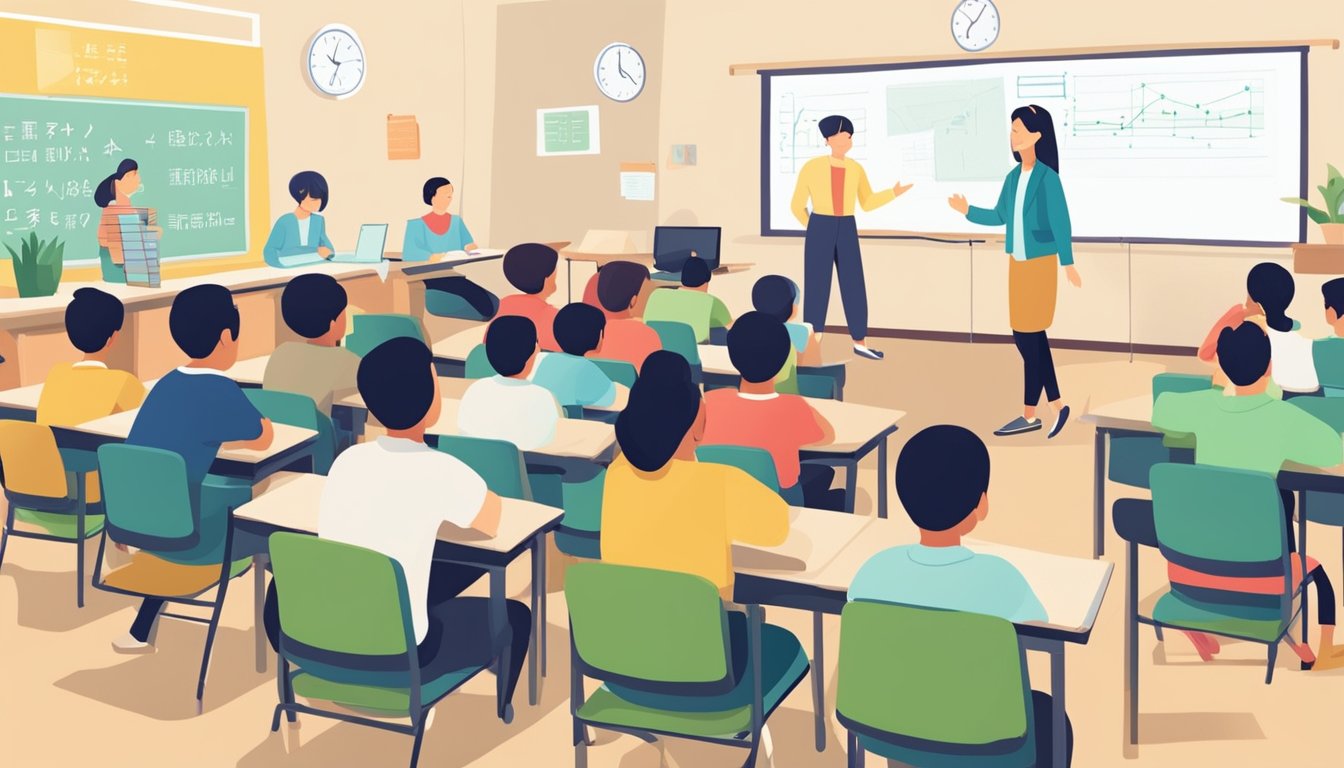 A group of students sit in a classroom, listening attentively as a teacher explains concepts on a whiteboard labeled "Frequently Asked Questions Chinese Tuition."