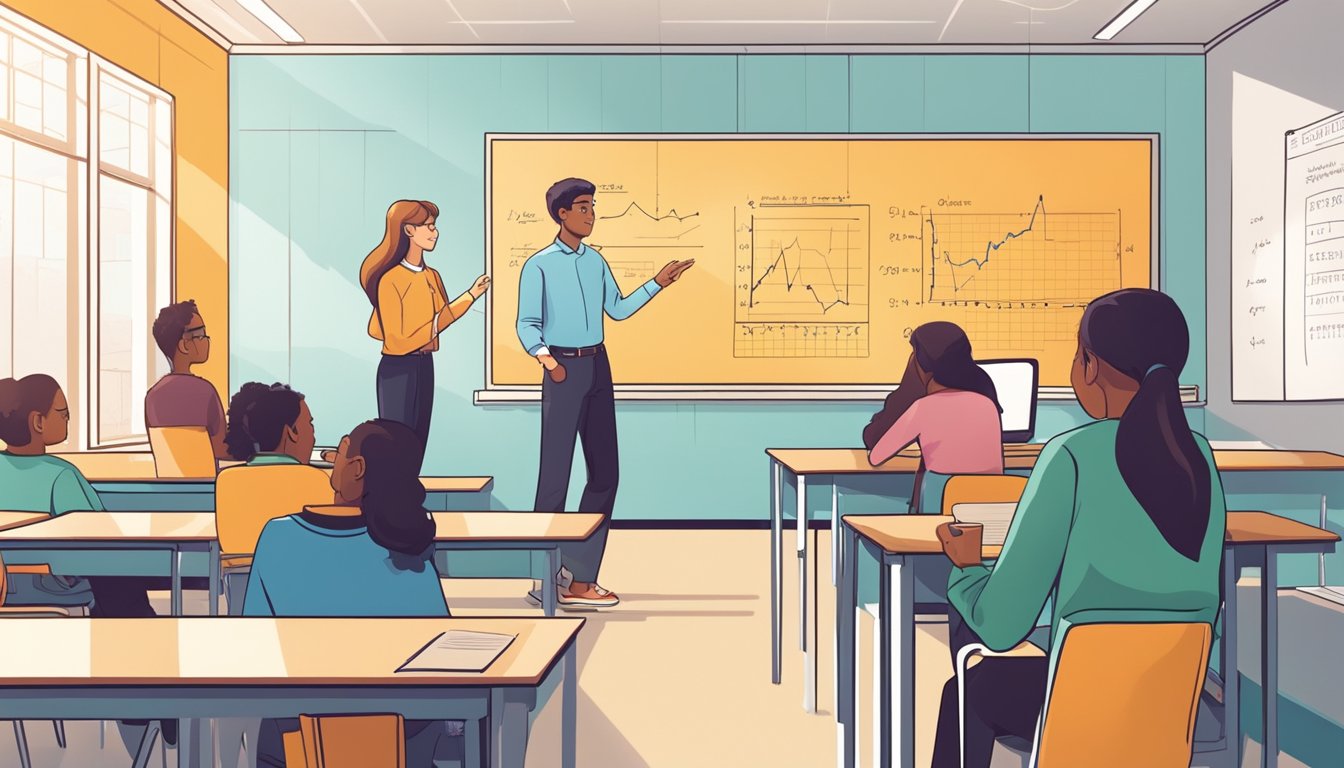 A student eagerly engages with a statistics tutor in a bright, modern classroom. Equations and graphs adorn the walls, creating a stimulating learning environment