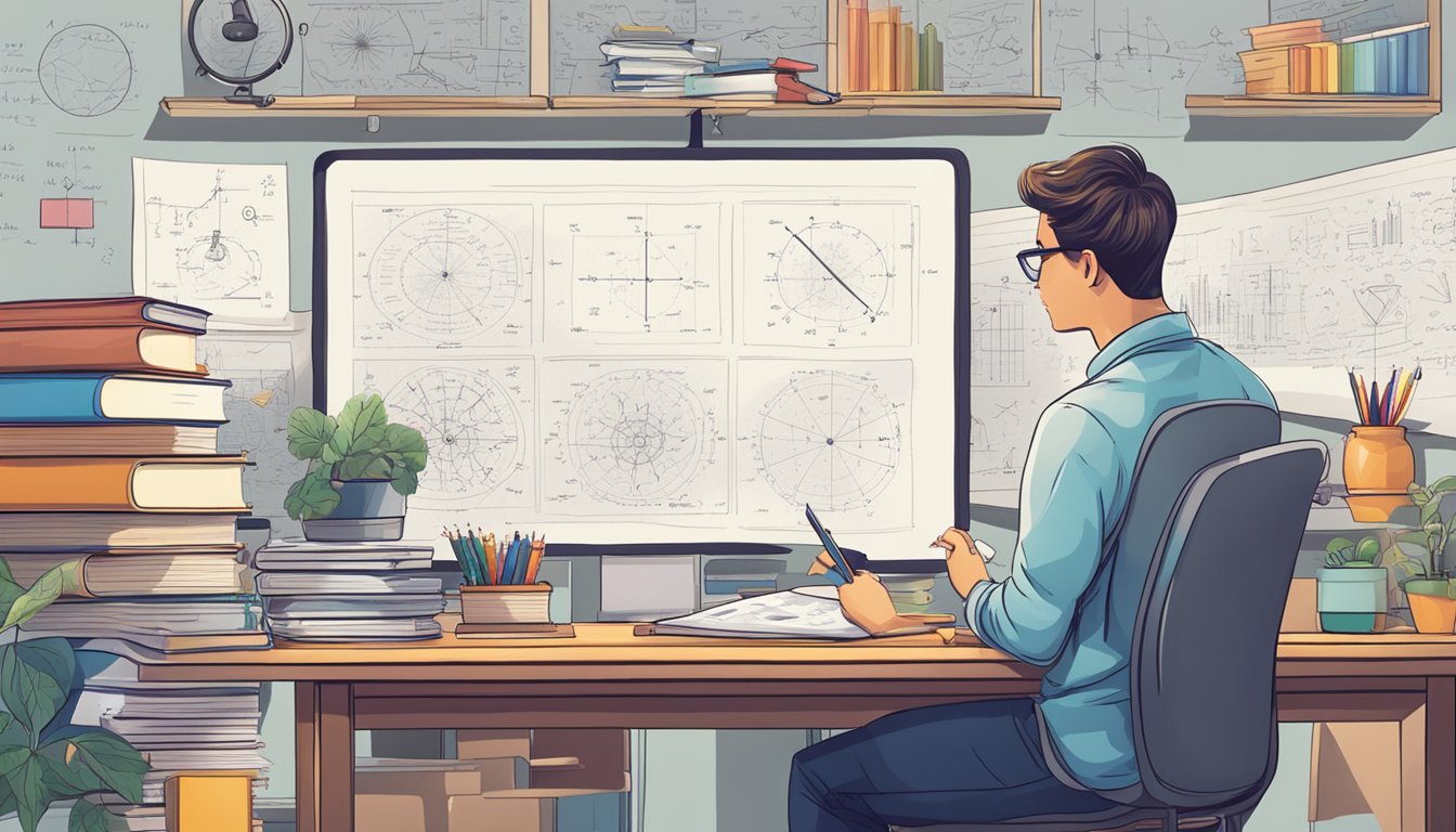 A student sits at a desk, surrounded by physics textbooks and equations. A tutor points to a whiteboard filled with diagrams and formulas