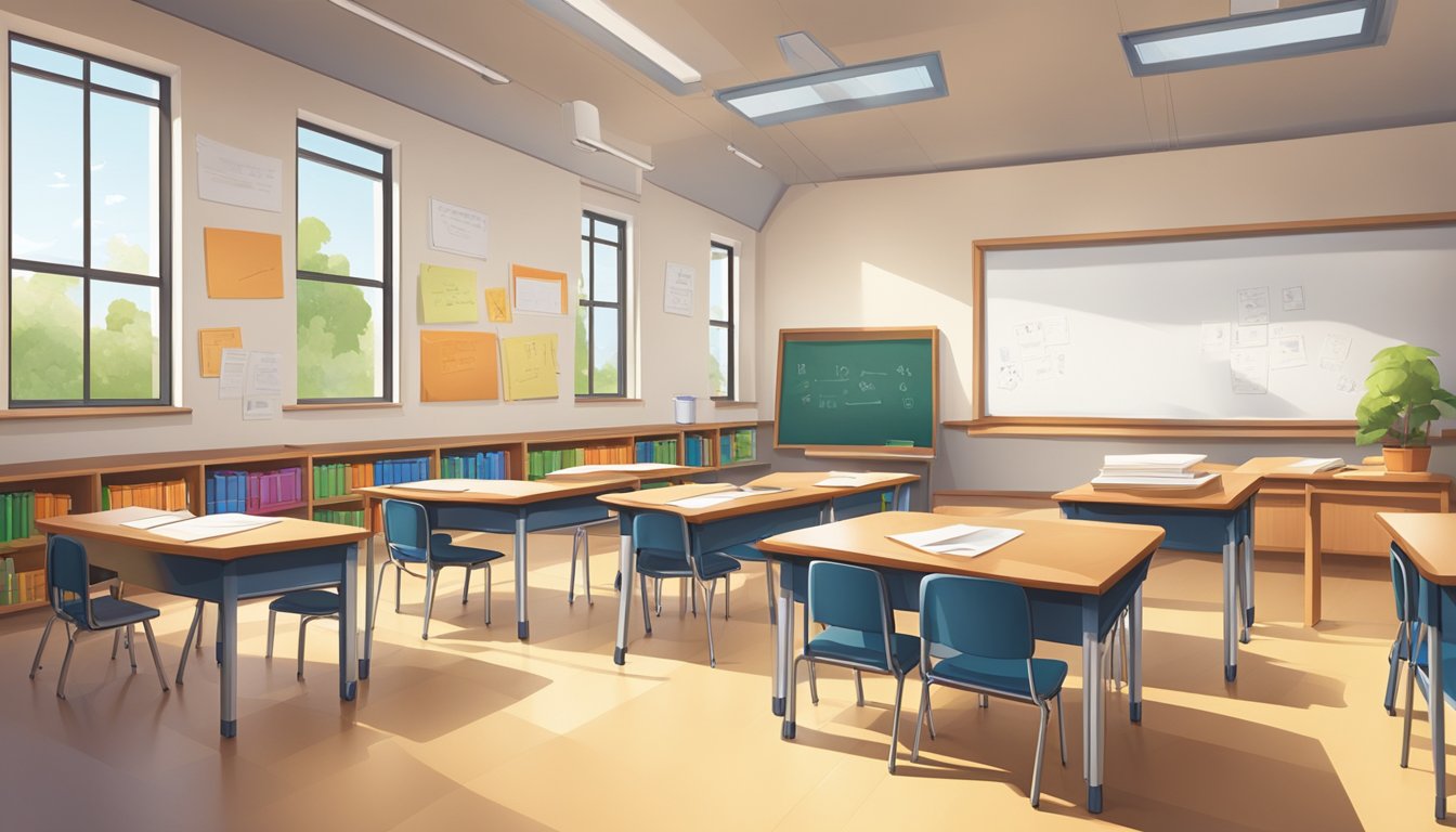 A classroom with desks, chairs, and a whiteboard. Books and educational materials are scattered around the room. Windows let in natural light